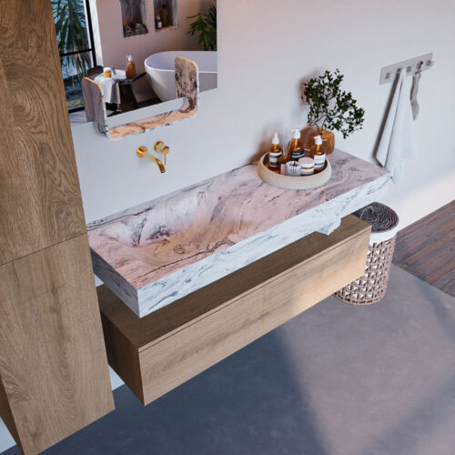 MONDIAZ ALAN-DLUX 130cm mueble de baño Washed Oak 1 cajón. Lavabo CLOUD Izquierda sin orificios color Glace.