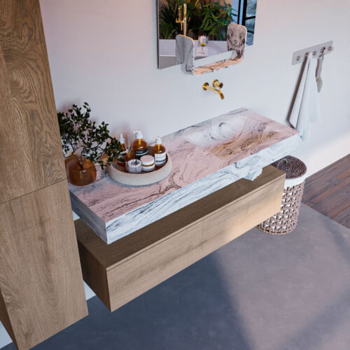 MONDIAZ ALAN-DLUX 130cm mueble de baño Washed Oak 1 cajón. Lavabo CLOUD Derecho sin orificios color Glace.