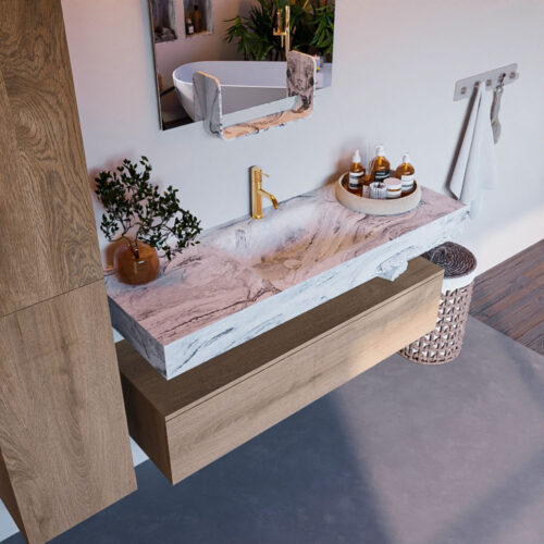 MONDIAZ ALAN-DLUX 130cm mueble de baño Washed Oak 1 cajón. Lavabo CLOUD Centro 1 orificio color Glace.