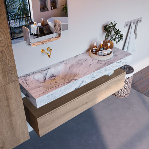 MONDIAZ ALAN-DLUX 150cm mueble de baño Washed Oak 1 cajón. Lavabo CLOUD Izquierda sin orificios color Glace.