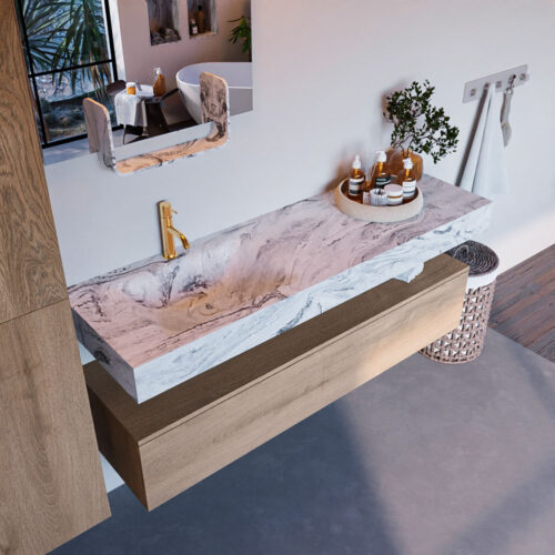 MONDIAZ ALAN-DLUX 150cm mueble de baño Washed Oak 1 cajón. Lavabo CLOUD Izquierda 1 orificio color Glace.