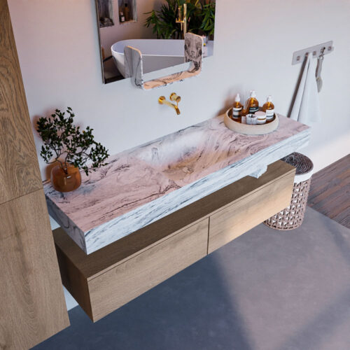 MONDIAZ ALAN-DLUX 150cm mueble de baño Washed Oak 2 cajones. Lavabo CLOUD Centro sin orificios color Glace.