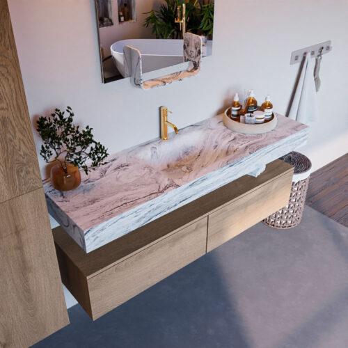 MONDIAZ ALAN-DLUX 150cm mueble de baño Washed Oak 2 cajones. Lavabo CLOUD Centro 1 orificio color Glace.