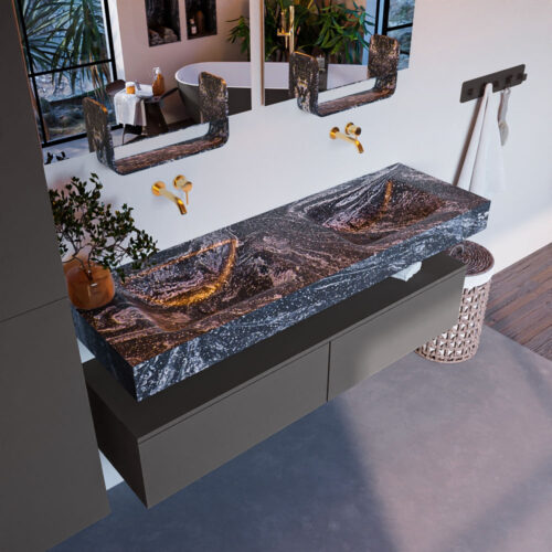 MONDIAZ ALAN-DLUX 150cm mueble de baño Dark Grey 2 cajones. Lavabo CLOUD Doble sin orificios color Lava.