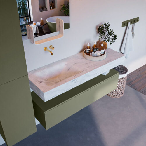 MONDIAZ ALAN-DLUX 130cm mueble de baño Army 1 cajón. Lavabo CLOUD Izquierda sin orificios color Opalo.