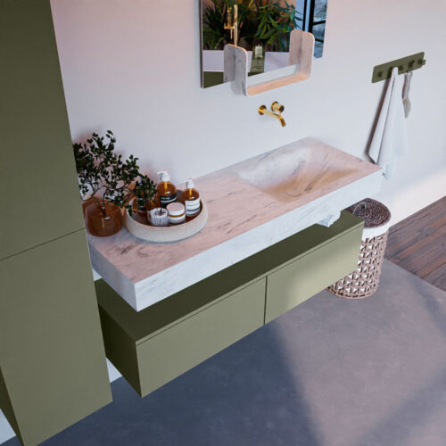 MONDIAZ ALAN-DLUX 130cm mueble de baño Army 2 cajones. Lavabo CLOUD Derecho sin orificios color Opalo.