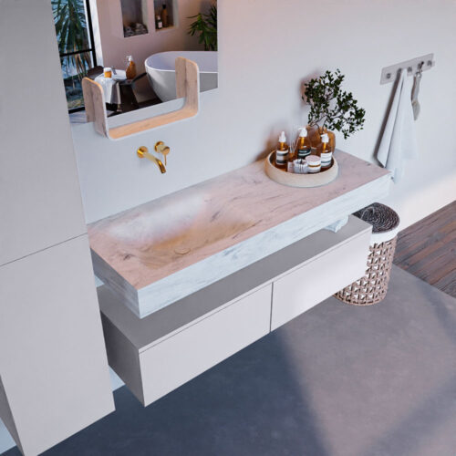 MONDIAZ ALAN-DLUX 130cm mueble de baño Cale 2 cajones. Lavabo CLOUD Izquierda sin orificios color Opalo.