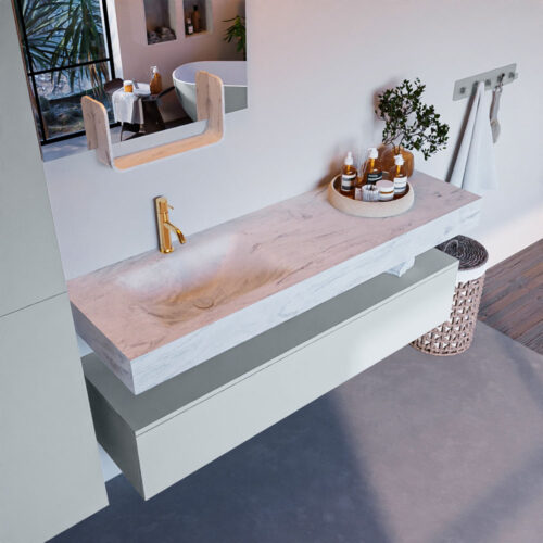 MONDIAZ ALAN-DLUX 150cm mueble de baño Clay 1 cajón. Lavabo CLOUD Izquierda 1 orificio color Opalo.