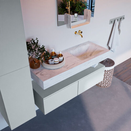 MONDIAZ ALAN-DLUX 120cm mueble de baño Clay 2 cajones. Lavabo CLOUD Derecho sin orificios color Opalo.