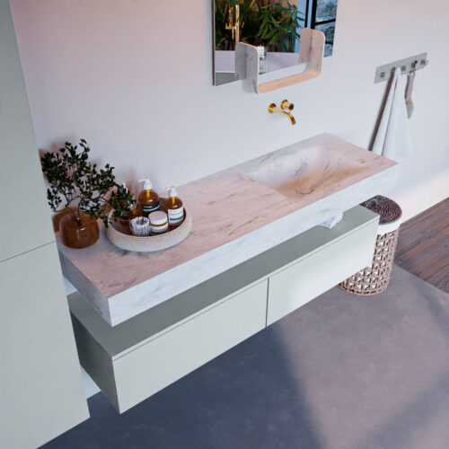 MONDIAZ ALAN-DLUX 150cm mueble de baño Clay 2 cajones. Lavabo CLOUD Derecho sin orificios color Opalo.