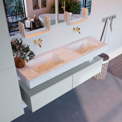 MONDIAZ ALAN-DLUX 150cm mueble de baño Clay 2 cajones. Lavabo CLOUD Doble sin orificios color Opalo.