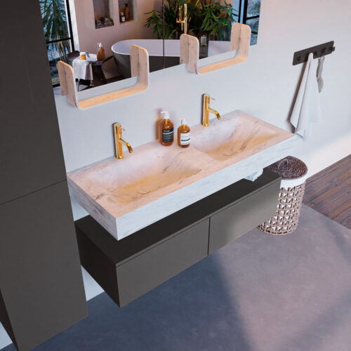 MONDIAZ ALAN-DLUX 120cm mueble de baño Dark Grey 2 cajones. Lavabo CLOUD Doble 2 orificios color Opalo.