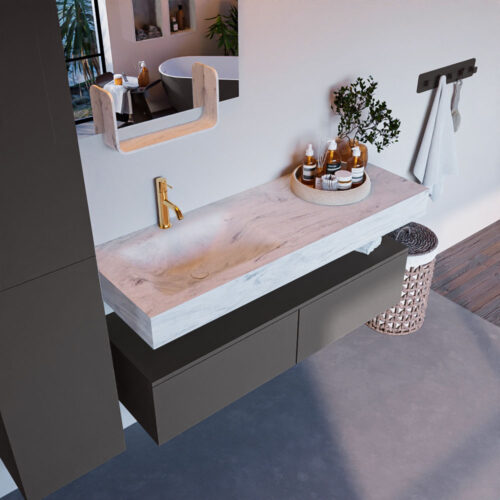 MONDIAZ ALAN-DLUX 130cm mueble de baño Dark Grey 2 cajones. Lavabo CLOUD Izquierda 1 orificio color Opalo.