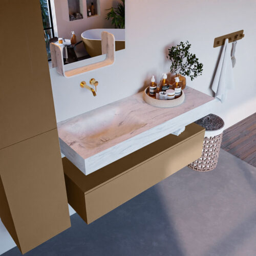 MONDIAZ ALAN-DLUX 120cm mueble de baño Oro 1 cajón. Lavabo CLOUD Izquierda sin orificios color Opalo.