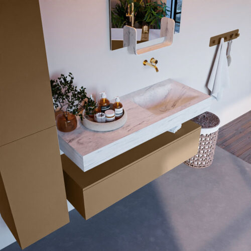 MONDIAZ ALAN-DLUX 120cm mueble de baño Oro 1 cajón. Lavabo CLOUD Derecho sin orificios color Opalo.