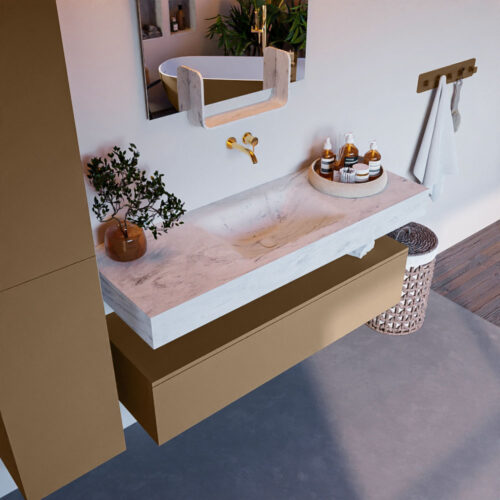 MONDIAZ ALAN-DLUX 130cm mueble de baño Oro 1 cajón. Lavabo CLOUD Centro sin orificios color Opalo.