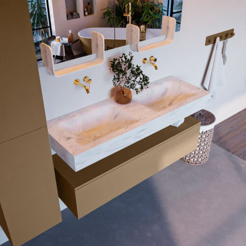 MONDIAZ ALAN-DLUX 130cm mueble de baño Oro 1 cajón. Lavabo CLOUD Doble sin orificios color Opalo.