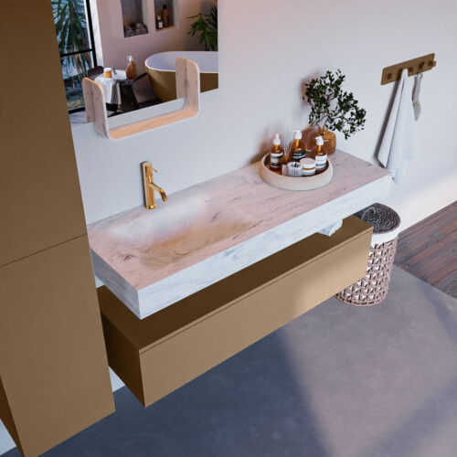 MONDIAZ ALAN-DLUX 130cm mueble de baño Oro 1 cajón. Lavabo CLOUD Izquierda 1 orificio color Opalo.