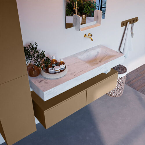 MONDIAZ ALAN-DLUX 130cm mueble de baño Oro 2 cajones. Lavabo CLOUD Derecho sin orificios color Opalo.