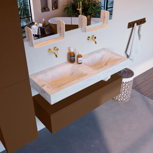 MONDIAZ ALAN-DLUX 120cm mueble de baño Rust 1 cajón. Lavabo CLOUD Doble sin orificios color Opalo.