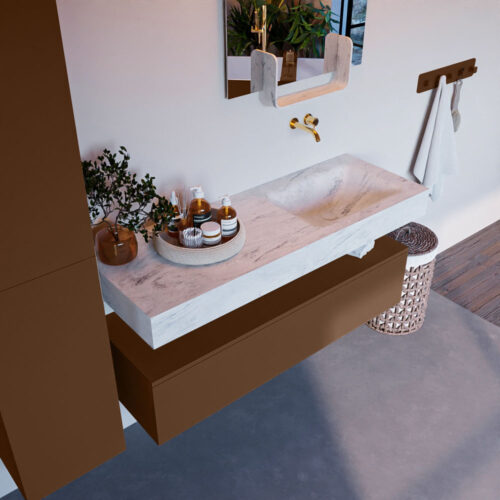 MONDIAZ ALAN-DLUX 130cm mueble de baño Rust 1 cajón. Lavabo CLOUD Derecho sin orificios color Opalo.