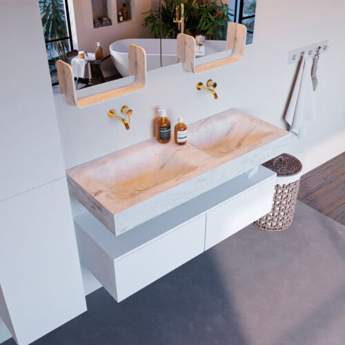 MONDIAZ ALAN-DLUX 120cm mueble de baño Talc 2 cajones. Lavabo CLOUD Doble sin orificios color Opalo.