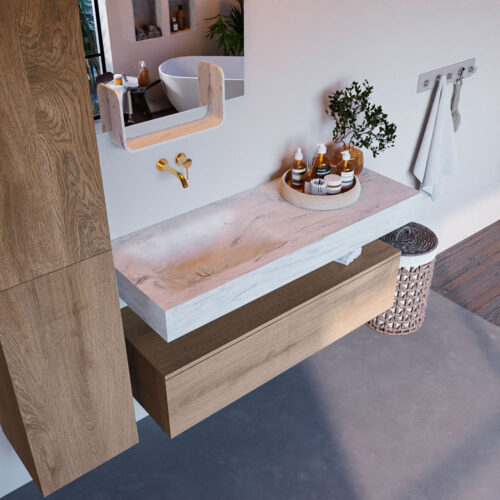 MONDIAZ ALAN-DLUX 120cm mueble de baño Washed Oak 1 cajón. Lavabo CLOUD Izquierda sin orificios color Opalo.