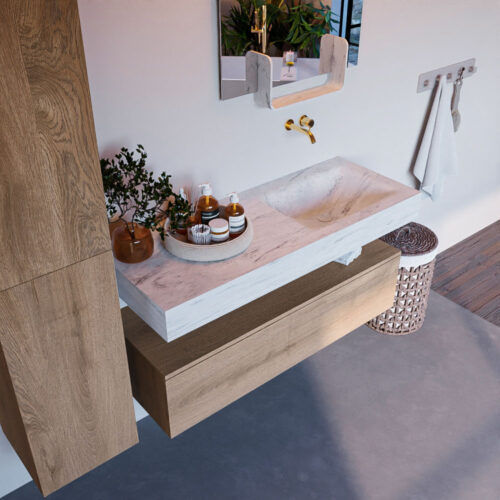 MONDIAZ ALAN-DLUX 120cm mueble de baño Washed Oak 1 cajón. Lavabo CLOUD Derecho sin orificios color Opalo.