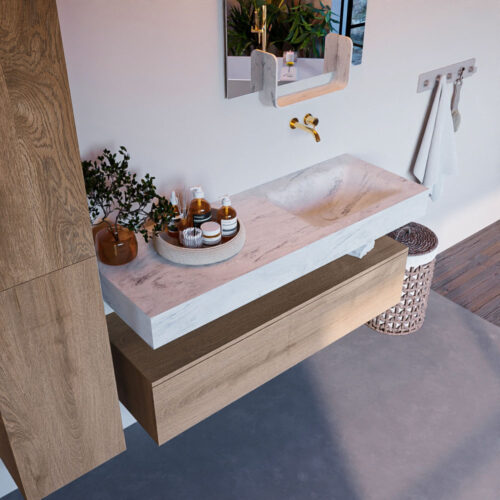 MONDIAZ ALAN-DLUX 130cm mueble de baño Washed Oak 1 cajón. Lavabo CLOUD Derecho sin orificios color Opalo.