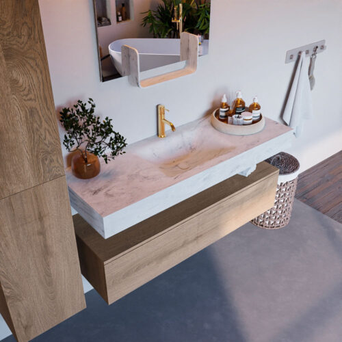 MONDIAZ ALAN-DLUX 130cm mueble de baño Washed Oak 1 cajón. Lavabo CLOUD Centro 1 orificio color Opalo.