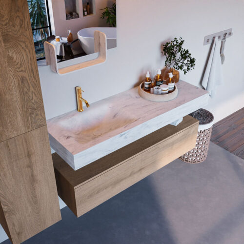 MONDIAZ ALAN-DLUX 130cm mueble de baño Washed Oak 1 cajón. Lavabo CLOUD Izquierda 1 orificio color Opalo.