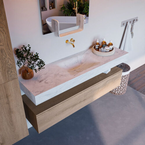 MONDIAZ ALAN-DLUX 150cm mueble de baño Washed Oak 1 cajón. Lavabo CLOUD Centro sin orificios color Opalo.