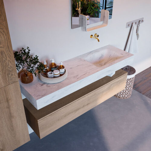 MONDIAZ ALAN-DLUX 150cm mueble de baño Washed Oak 1 cajón. Lavabo CLOUD Derecho sin orificios color Opalo.