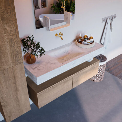 MONDIAZ ALAN-DLUX 130cm mueble de baño Washed Oak 2 cajones. Lavabo CLOUD Centro sin orificios color Opalo.