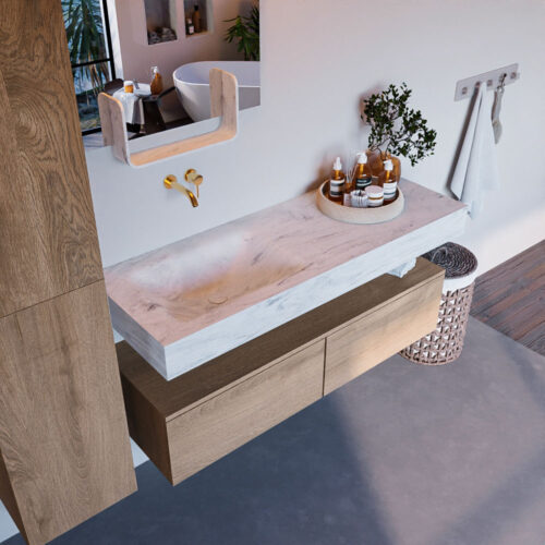 MONDIAZ ALAN-DLUX 130cm mueble de baño Washed Oak 2 cajones. Lavabo CLOUD Izquierda sin orificios color Opalo.