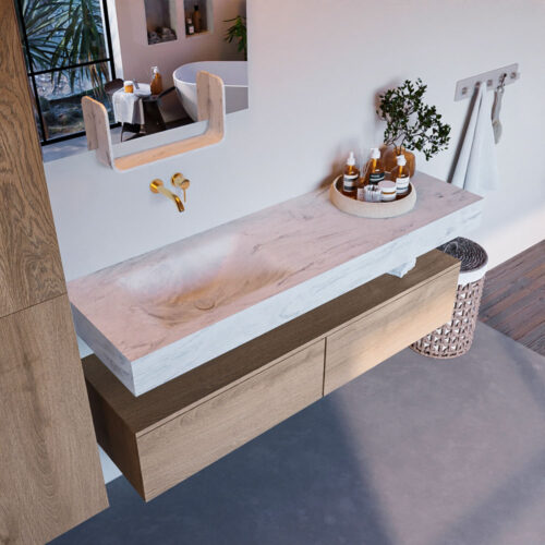 MONDIAZ ALAN-DLUX 150cm mueble de baño Washed Oak 2 cajones. Lavabo CLOUD Izquierda sin orificios color Opalo.