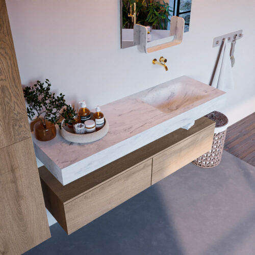 MONDIAZ ALAN-DLUX 150cm mueble de baño Washed Oak 2 cajones. Lavabo CLOUD Derecho sin orificios color Opalo.