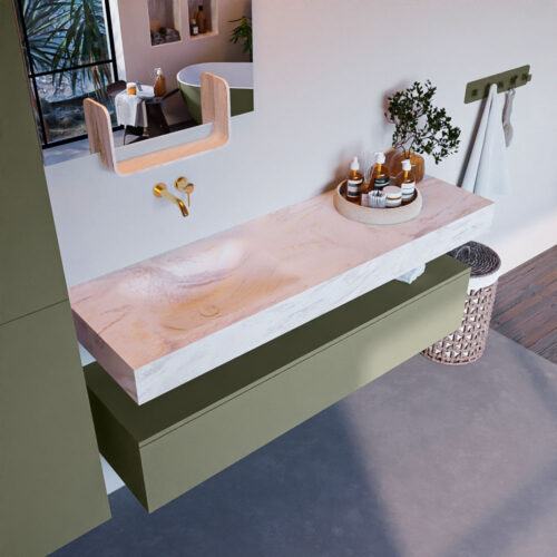 MONDIAZ ALAN-DLUX 150cm mueble de baño Army 1 cajón. Lavabo CLOUD Izquierda sin orificios color Ostra.