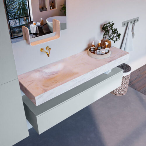 MONDIAZ ALAN-DLUX 150cm mueble de baño Clay 1 cajón. Lavabo CLOUD Izquierda sin orificios color Ostra.