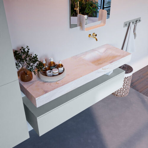 MONDIAZ ALAN-DLUX 150cm mueble de baño Clay 1 cajón. Lavabo CLOUD Derecho sin orificios color Ostra.