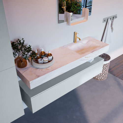 MONDIAZ ALAN-DLUX 150cm mueble de baño Clay 1 cajón. Lavabo CLOUD Derecho 1 orificio color Ostra.