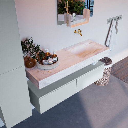 MONDIAZ ALAN-DLUX 130cm mueble de baño Clay 2 cajones. Lavabo CLOUD Derecho sin orificios color Ostra.