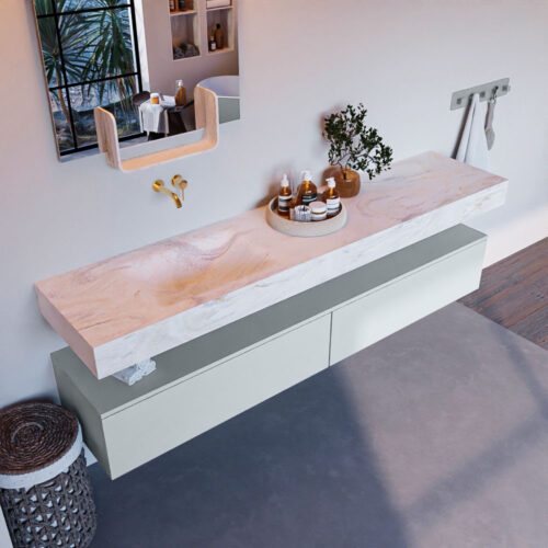 MONDIAZ ALAN-DLUX 200cm mueble de baño Clay 2 cajones. Lavabo CLOUD Izquierda sin orificios color Ostra.