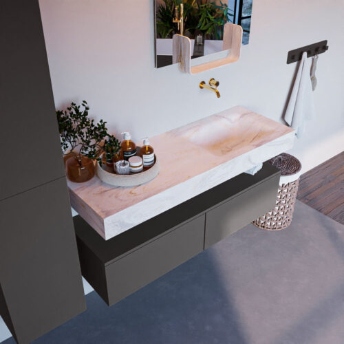 MONDIAZ ALAN-DLUX 130cm mueble de baño Dark Grey 2 cajones. Lavabo CLOUD Derecho sin orificios color Ostra.