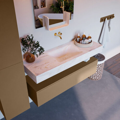 MONDIAZ ALAN-DLUX 130cm mueble de baño Oro 1 cajón. Lavabo CLOUD Centro sin orificios color Ostra.