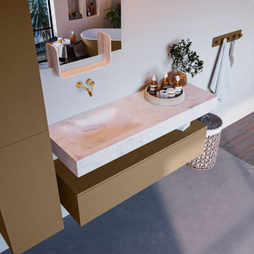 MONDIAZ ALAN-DLUX 130cm mueble de baño Oro 1 cajón. Lavabo CLOUD Izquierda sin orificios color Ostra.