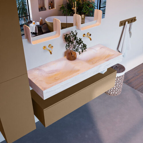 MONDIAZ ALAN-DLUX 130cm mueble de baño Oro 1 cajón. Lavabo CLOUD Doble sin orificios color Ostra.