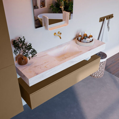 MONDIAZ ALAN-DLUX 150cm mueble de baño Oro 1 cajón. Lavabo CLOUD Centro sin orificios color Ostra.