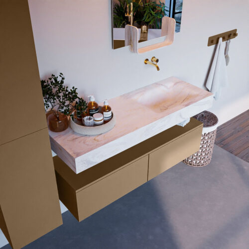 MONDIAZ ALAN-DLUX 130cm mueble de baño Oro 2 cajones. Lavabo CLOUD Derecho sin orificios color Ostra.