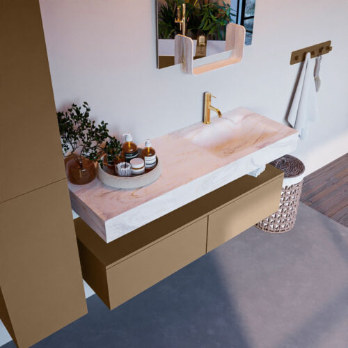 MONDIAZ ALAN-DLUX 130cm mueble de baño Oro 2 cajones. Lavabo CLOUD Derecho 1 orificio color Ostra.